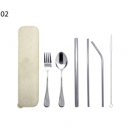 ECO STAINLESS STEEL CUTLERY WITH STRAW SET (WHEAT BOX)