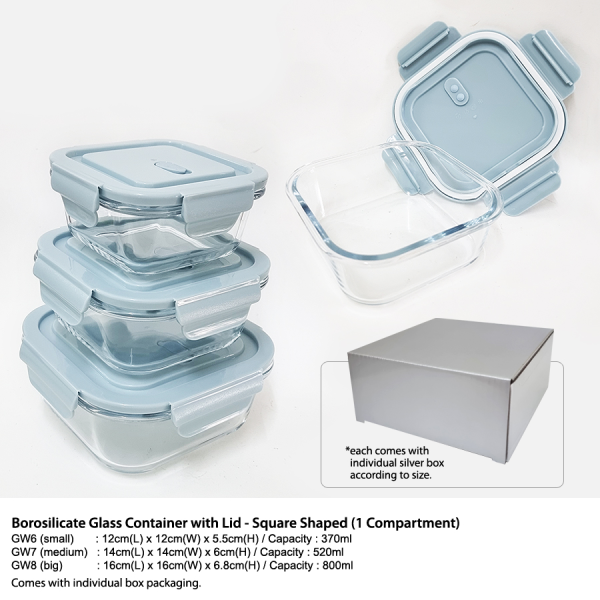 Borosilicate Glass Container with Lid - Square Shaped (1 Compartment)